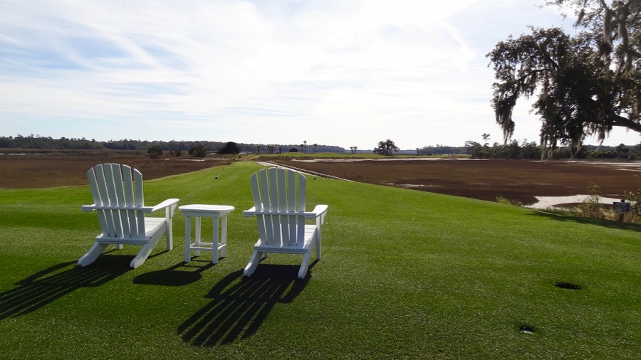 Secession GC- two white chairs overlooking the opening tee commemorate two members lost in 9/11