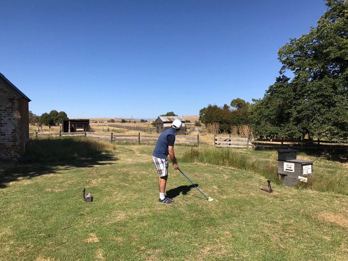 Ratho Farm Golf Links- hole 1- the opening tee shot over the stockyards