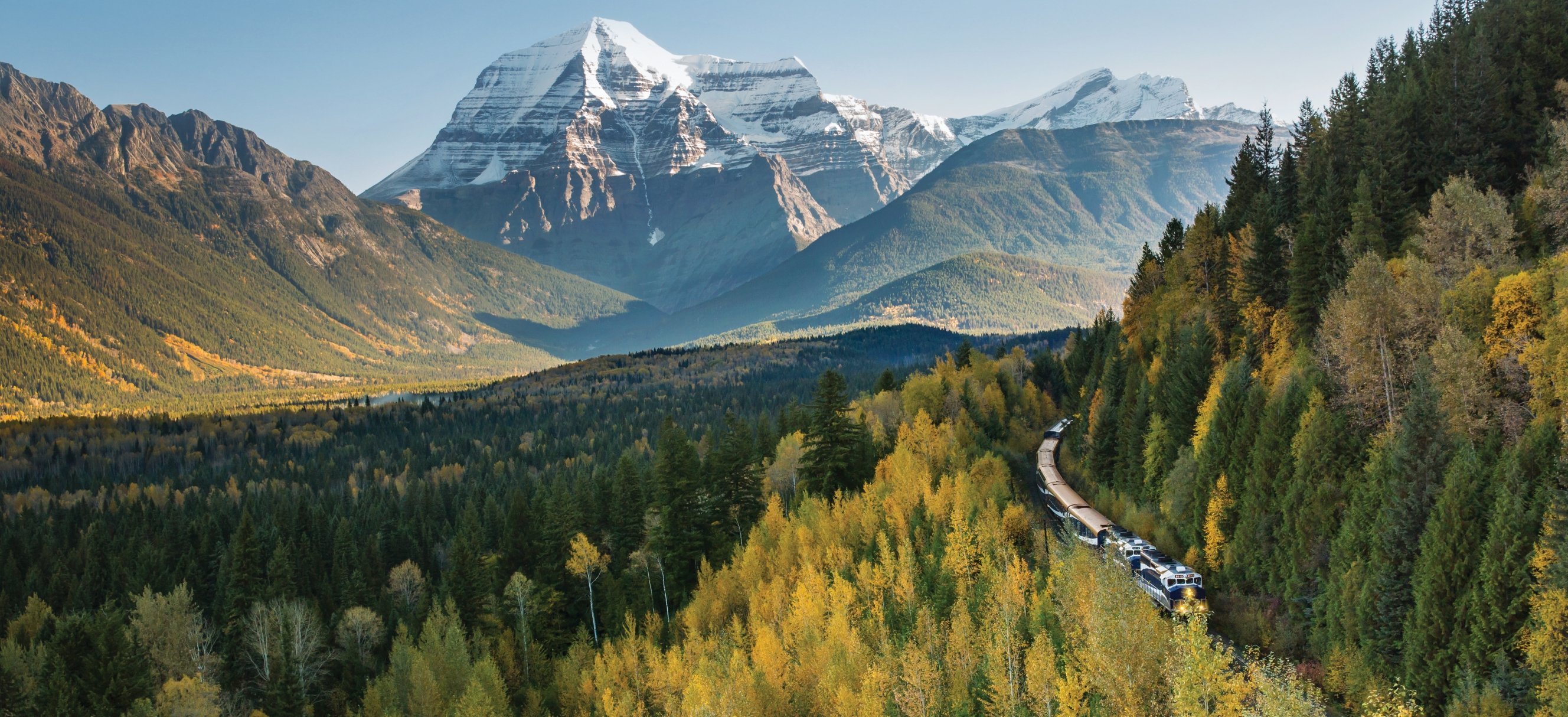 Rocky Mountaineer train with Mount Robson